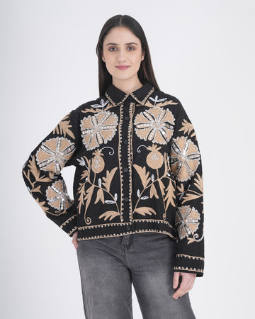 1. Women’s Black Floral Embroidered Statement Jacket