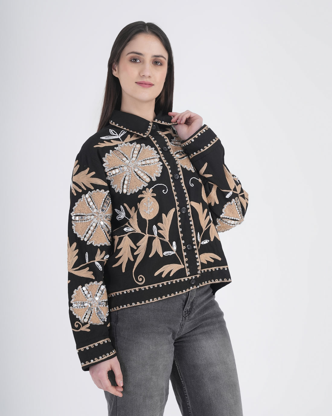 1. Women’s Black Floral Embroidered Statement Jacket