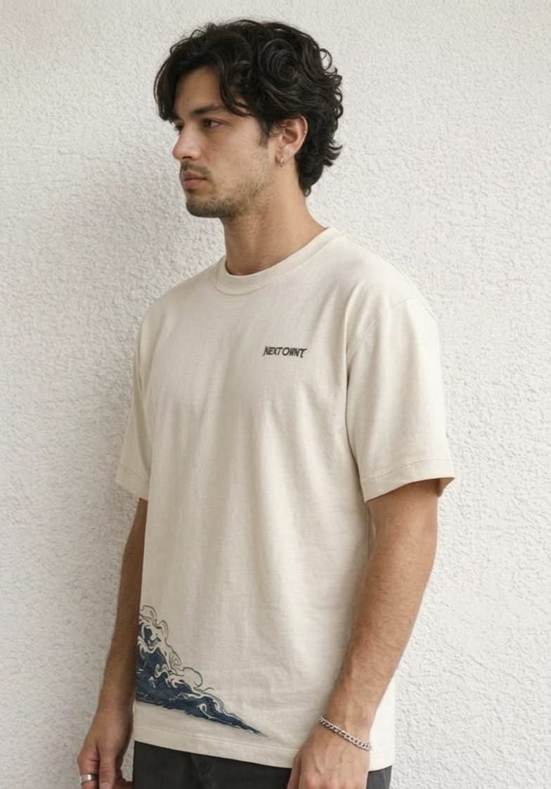 Beige Wave Graphic Oversized T-Shirt – Minimal Streetwear Relaxed Fit