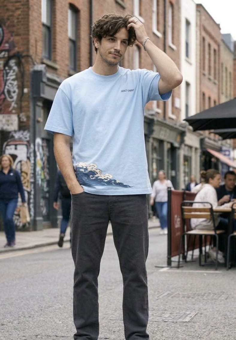 Sky Blue Wave Graphic Oversized T-Shirt – Minimal Streetwear Relaxed Fit