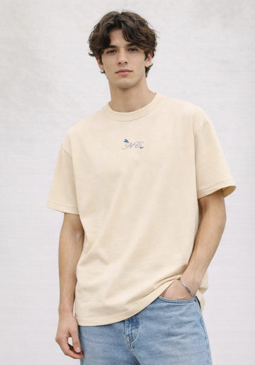 Classic Beige Oversized T-Shirt – Minimal Logo Relaxed Fit